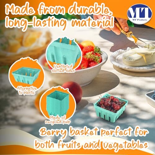 MT Products Green Berry Basket 1 Quart - Molded Pulp Fiber Vented Produce Basket (Pack of 15) - Made in the USA