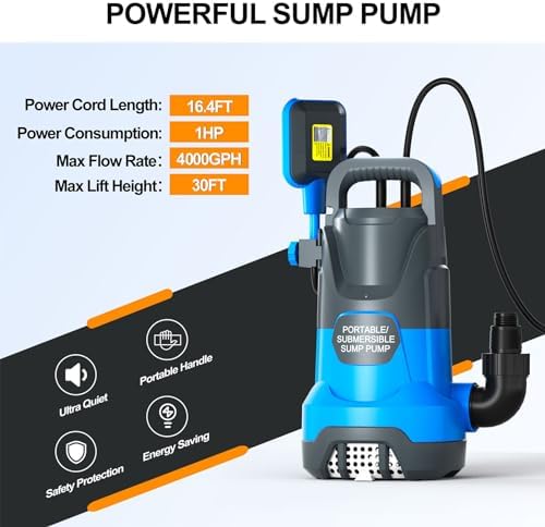 Submersible Water Automatic Sump Pump 1HP Clean/Dirty Water Removal Pump 4000PGH With Float Switch Electric Portable Transfer Water Pump for
