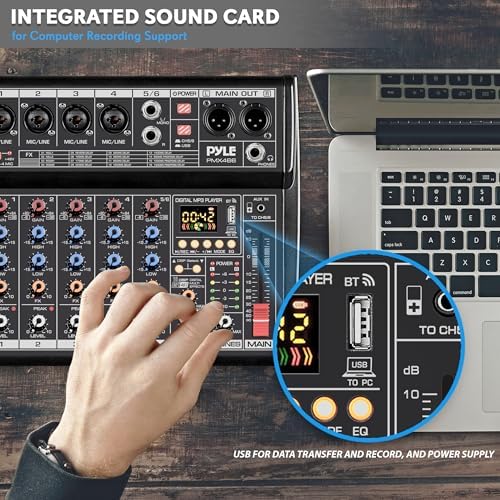 Pyle Professional Bluetooth DJ Audio Mixer - 6-Channel DJ Controller Sound Mixer w/DSP 16 Preset Effects, USB Interface, 4 XLR Mic/Line Input, AUX