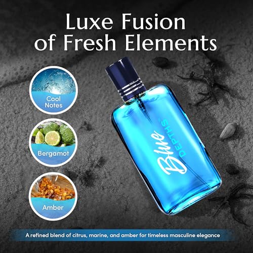 PB ParfumsBelcam Blue Depths Eau de Toilette Fragrance Spray - 3.4 Fl Oz. Fresh Aquatic Cologne for Men with Crisp Citrus, Warm Musk & Amber Scent