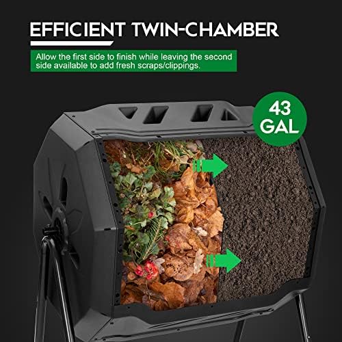 F2C Compost Bin Outdoor 43 Gallon Garden Dual Chamber Composter Bin - Bundled with Pearson's Gardening Gloves, BPA Free, Heavy-Duty Steel Frame
