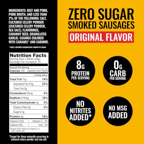 Tillamook Country Smoker Zero Sugar Spicy Jalapeno Smoked Sausages, 10 Oz, 9g Protein, Real Hardwood Slow Smoked High Protein, Low Carb Meat Sticks