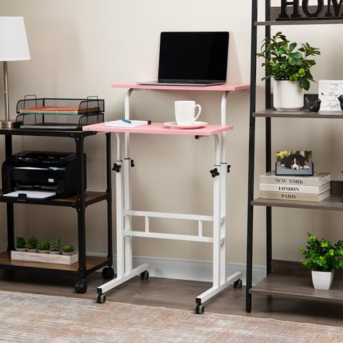 Mind Reader Standing Desk, Adjustable Height Laptop Workstation, Portable Rolling Desk on Wheels, Two-Tier Metal Frame, Black