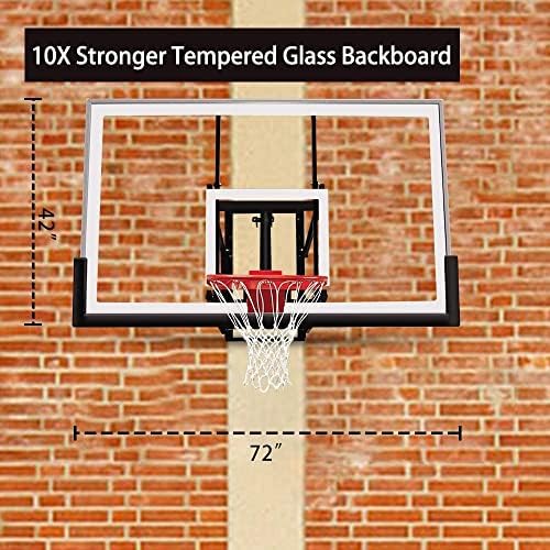Katop Wall Mount Basketball Hoop with 60"x36", 72"x42" Tempered Glass Backboard, Effortlessly Height Adjustable from 7.5' to 10'