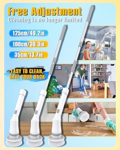 Electric Spin Scrubber, Cordless Shower Spin Scrubber with Dual Speed, 6 Replacement Brush Heads & Adjustable Extension Arm, 2H Bathroom Scrubber