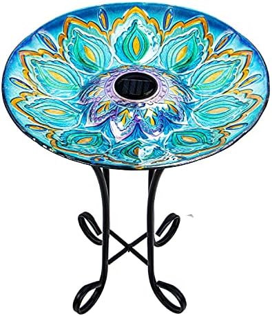 VCUTEKA Glass Bird Bath Outdoor with Metal Stand, Bird Feeder Garden Decor