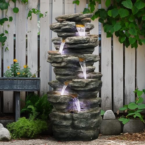 SunJet 40.5” High Rocks Outdoor Water Fountain - 6-Tiers Cascading Waterfall with LED Lights, Soothing Tranquility for Home Garden, Yard Decor