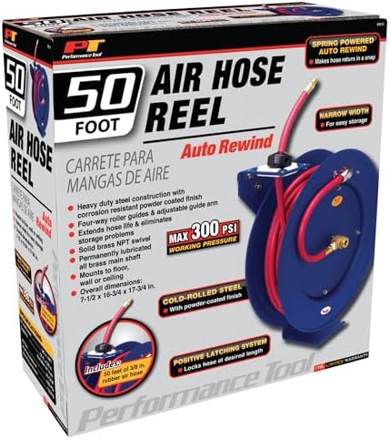 Performance Tool M635 50 ft. 18-Gauge Steel Air Hose Reel | Durable powder coated finish. Holds up to 50-ft of 3/8-in compressor hose (not included). 3/8-in female NPT swivel. Reel only