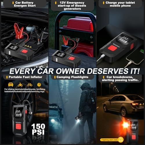12 V Car 8000 mAh Battery Jump Starter 2800A with 150psI Air Compressor, Compact and Practical Edition QB08L Safe Smart