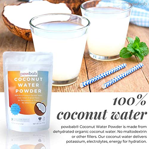 powbab Coconut Water Powder From 100% Organic Coconut. No Sugar Added. Pure Delicate, Clean Taste. Dehydrated, Not Freeze Dried, Raw