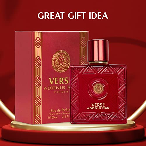 Verse Adonis Red for Men - 100ml Eau De Parfum Spray - Fruity Warm & Floral Fragrance Smell Fresh All Day Long Lasting Includes NovoGlow Carrying