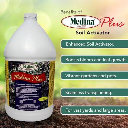 Medina Plus Soil Activator - Liquid Soil Loosener for Lawns & Gardens - Micronutrient-Rich Soil Conditioner & Softener - Used with House Plant Fertilizer, Liquid Plant Food for Houseplants - 1 End Qt