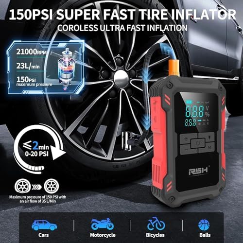 RSH Car Jump Starter with Air Compressor 4000A Peak Battery Jump Starter 14.8V, 150PSI Inflator Auto Booster 15000mAh Jump Box (up to 10L Gas