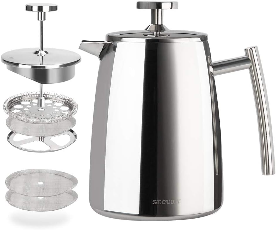 Secura French Press Coffee Maker, 50-Ounce, 304 Stainless Steel Insulated Coffee Press with Extra Screen