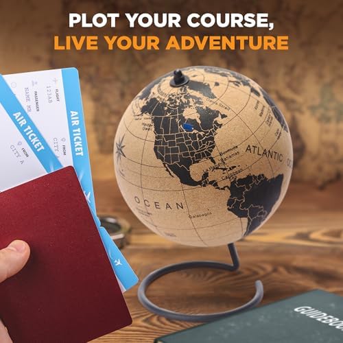 Cork Globe with Push Pins - 9.4” Globe with Map of the World and Rotating Stand for Adults