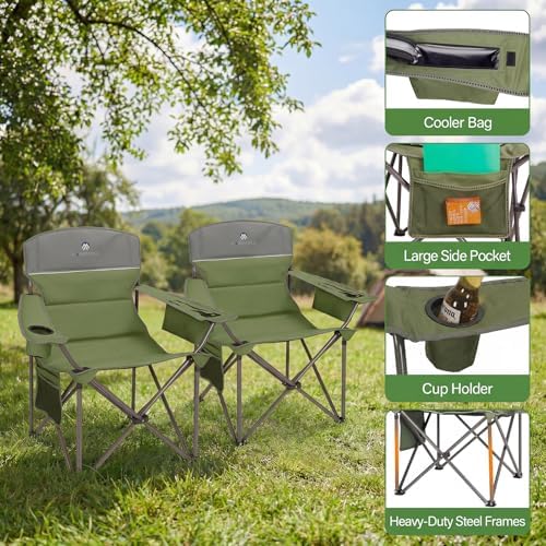 Oversized Camping Chairs 2 Pack - Heavy Duty 400LBS Padded Lawn Chair with Cooler Bag,Cup Holder,Side Pocket,Collapsible for Outdoor,Camp,Fishing & Garden,Dark Green