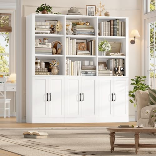 70” H x 63” W Triple Wide Bookshelf, Tall Bookcase with 6 Doors | 5 Tier Book Shelf with 15 Storage Shelves, Tall Book Case Large Bookshelves with Storage Cabinet for Home Office, White