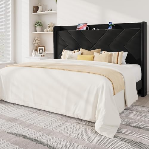 Allewie Full Size Platform Bed Frame with Charging Station and Storage Shelf/Upholstered Velvet Wingback Headboard/Wooden Slats Support/No Box Spring Needed/Easy Assembly, White