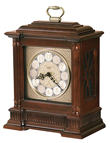 Howard Miller Akron II Mantel Clock – Windsor Finish, Dual-Chime Kieninger Movement, Arabic Numerals, Brushed Nickel Dial, Wooden Base