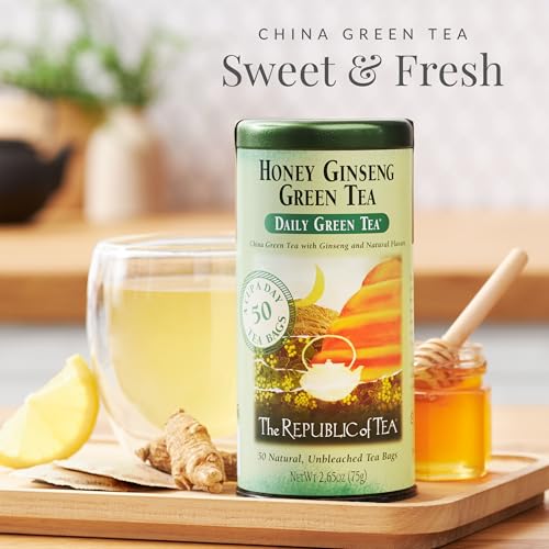 The Republic of Tea Daily Green Honey Ginseng Green Tea, 50 Count | Low Caffeine. A gentle cup for everyday sipping. Fresh with light vegetal notes. Gluten Free and Carb Free.