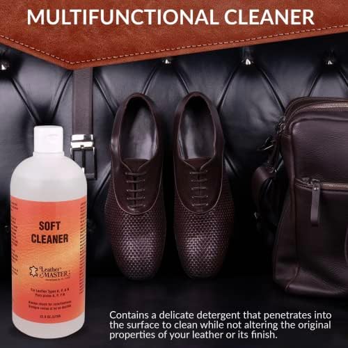 Leather Master Soft Leather Cleaner 33.8 oz/Liter - Soft Leather Cleaner for use of Leather Furniture, Car Interior, Apparel, Boots, Shoes, and Bags.