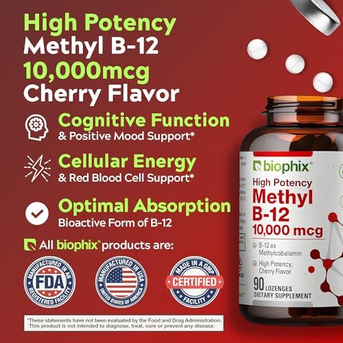 biophix Methyl B-12 10000 mcg 90 Vegan Lozenges Cherry Flavor Extra Strength - Supports Nervous System Immune Health Blood Flow Metabolism Brain