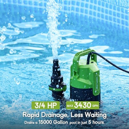 Sump Pump 3/4 HP 3430GPH Submersible Water Pump with 20ft Cord, Utility Pump for Pool Draining, Basement, Backyard Flooding, Quick-Connect Design