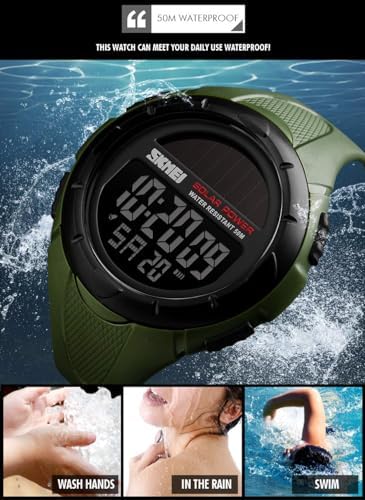 Gosasa Men's Outdoor Sports Multifunction Solar Power LED Digital Watches 50M Water Resistant (Black)