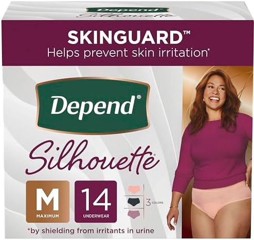 Depend Silhouette Adult Incontinence and Postpartum Underwear for Women, Medium, Maximum Absorbency, Black, Pink and Berry, 14 Count