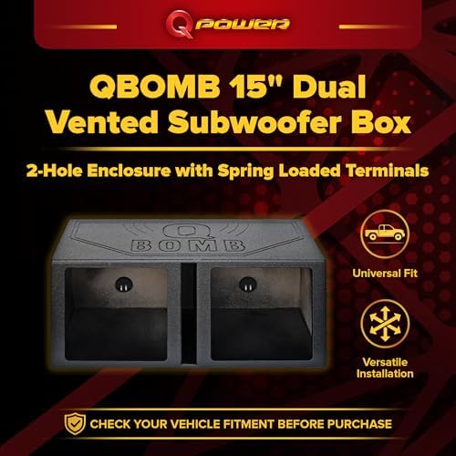 QPower QBOMB15VSQ QBOMB 15 Inch Center Vented Dual Ported Subwoofer Enclosure Speaker Box for Car Audio Sound Systems, Square