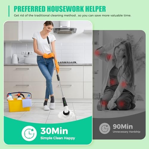 YKYI Electric Spin Scrubber, Cordless Power Cleaning Brush with Long Handle | 8 Brush Heads, 3 Handle Lengths, 2 Speeds, IPX7 Waterproof