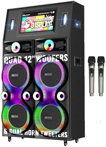 Dolphin Karaoke Machine with 2 Wireless Microphones, Quad 12" Woofers | 18.5" Touchscreen, 300W RMS, Android, Bluetooth, Wi-Fi, HDMI/USB/SD Card/AUX