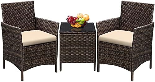 Greesum 3 Pieces Patio Furniture Sets Outdoor PE Wicker Chairs,Beige