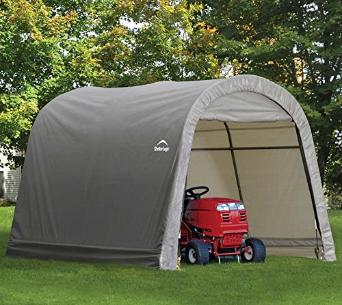 ShelterLogic 10' x 10' Shed-in-a-Box All Season Steel Metal Round Roof Outdoor Storage Shed with Waterproof Cover and Heavy Duty Reusable Auger Anchors, grey
