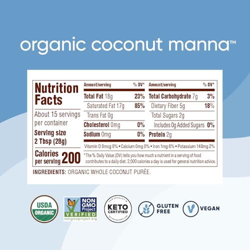 Nutiva Organic Coconut Manna Puréed Coconut Butter, 15 Oz, USDA Organic, Non-GMO, Vegan, Gluten-Free & Keto, Creamy Spread for Smoothies, Oatmeal