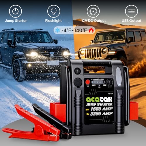 24V / 12V Jump Starter, acetek 1600/3200 Peak Amp Battery Jump Starter for Truck Car Tractor Excavator