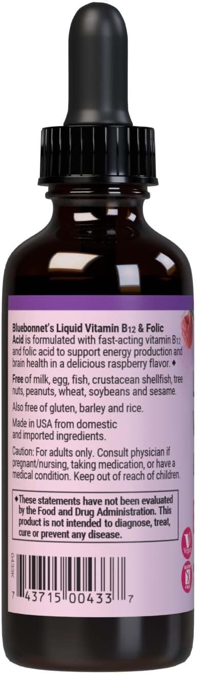 BlueBonnet Nutrition Liquid Vitamin B12 & Folic Acid, 2 fl oz | for Energy Boost; Vegan, Gluten-Free, Soy-Free, Dairy-Free