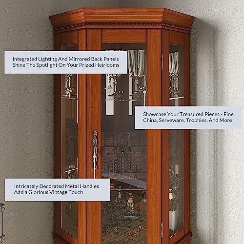 BELLEZE Lighted Wooden Corner Display Curio Cabinet, Two Section Shelving Unit with Tempered Glass Door