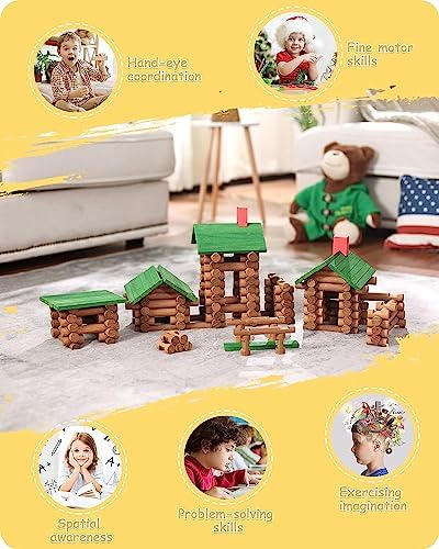 SainSmart Jr. 450 PCS Wooden Log Cabin Set Building House Toy for Toddlers, Classic STEM Construction Kit with Colorful Wood Logs Blocks for 3+ Years Old