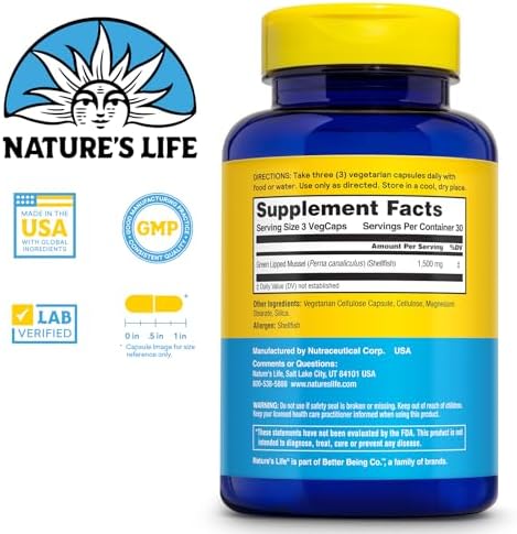 Nature's Life Green Lipped Mussel 1500 mg Capsules for Men, 90 Capsules