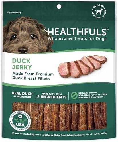 Healthfuls Duck Jerky Healthy Dog Treats – Grain Free, Real Duck Breast Fillets, No Fillers or Artificial Ingredients, All Life Stages – 16 ounces