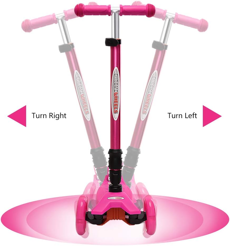 ChromeWheels Foldable Scooters for Kids, Deluxe Kick Scooter 4 Adjustable Height 132lbs Weight Limit 3 Wheel, Lean to Steer LED Light Up Wheels