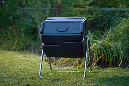 FCMP Outdoor 37 Gallon 1 Piece Plastic Single Chamber Roto Tumbling Composter Outdoor Elevated Rotating Garden Compost Bin, Black
