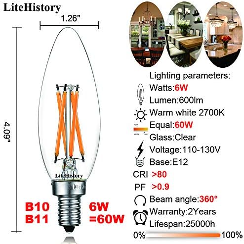LiteHistory B10 E12 Led Bulb,Light Bulbs 60 watt Soft White,Dimmable,2700K | 6w=60w Led Light Bulbs,600lm,AC120V,360°,ETL,B11,Candelabra Light Bulbs for Chandelier Light Bulbs,Ceiling Fan,Pendant,12Pack
