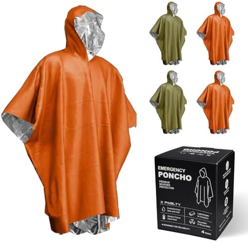 4 Pack Emergency Survival Mylar Poncho | 90% Heat Retention, Waterproof, Windproof, Tear-Resistant, Individually Packed for Hiking, Camping, Car Emergency Kit