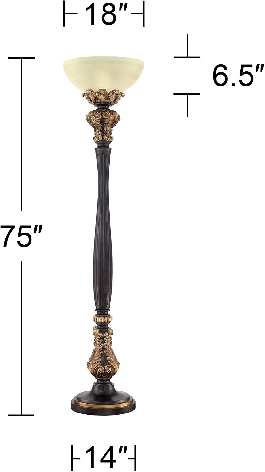 Valentina 75" Tall Acanthus Leaf Torchiere Floor Lamp Living Room | Traditional Victorian Carved Wood Amber Glass Shade Foot Dimmer Standing Light