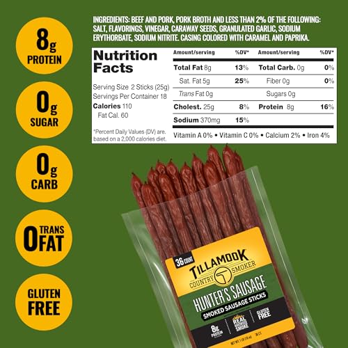 Tillamook Country Smoker Hunter’s Sausage Smoked Sausage, 16 Oz, 36 Ct, Bulk Pack, Real Hardwood Smoked Beef Meat Sticks, 8g Protein