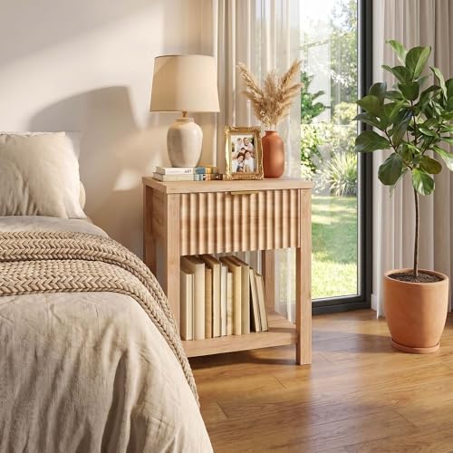 Fluted Night Stand Set of 2 with Golden Handle, Mid-Century Nightstands with Drawer, Bed Side Tables for Bedroom, Bedside Table with Storage Shelf