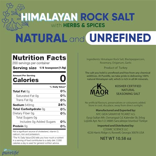 Purelife Himalayan Rock Salt with Mixed Herbs & Spices – Gourmet Kosher Natural Crystal Blend with Minerals in Glass Bottle with Ceramic Mill