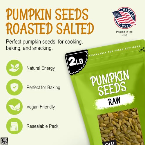 Oh! Nuts Raw Pumpkin Seeds Unsalted Pepitas 1 Pound - 100% Natural | Raw pumpkin seeds unsalted - 100% natural organic pepitas to eat - No shell - Packed in NY - Resealable zip-seal bag